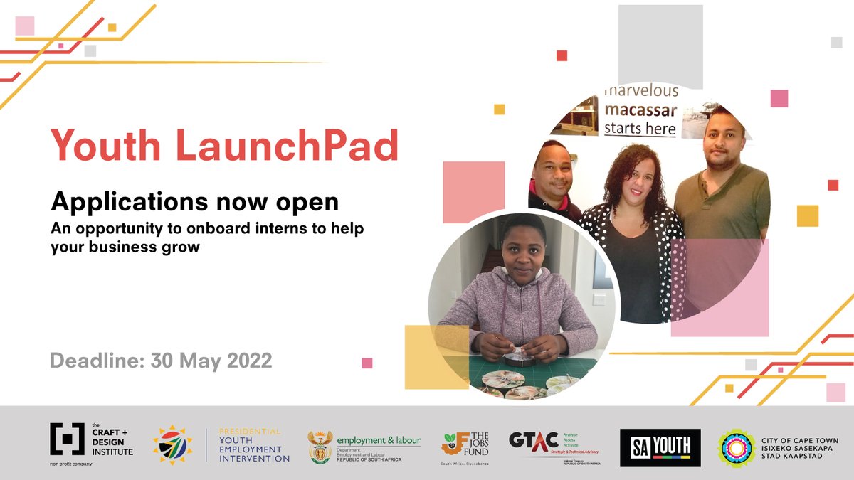 Craft_andDesign's tweet photo. APPLY NOW! Youth LaunchPad - we're placing over 200 interns in SMMEs in the creative industries nationally.

Find out more here about how your business can benefit from a subsidised placement: https://t.co/ZQ79dq1Vr7 https://t.co/khHVmUzw7L