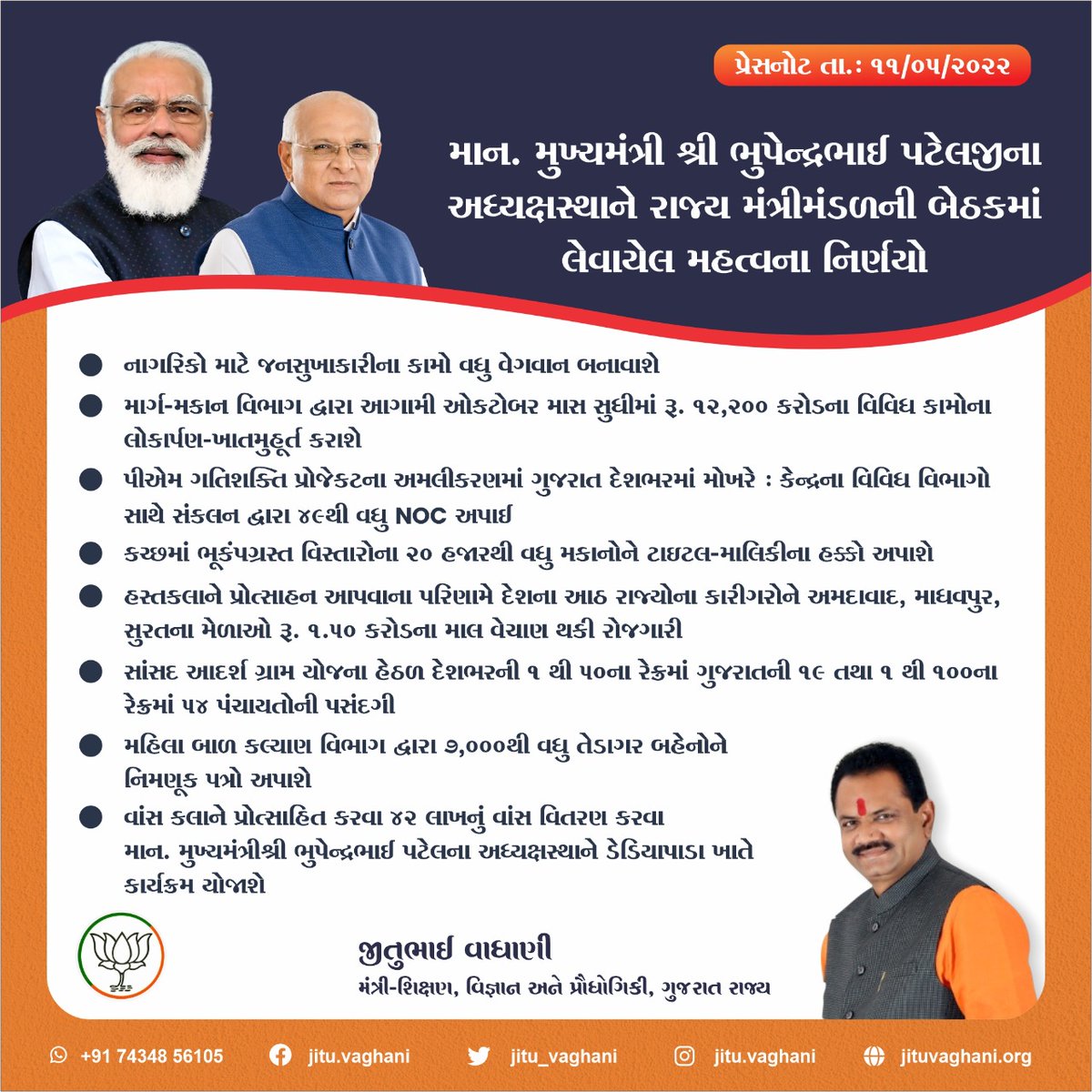 માન. મુખ્યમંત્રી શ્રી <a href="/Bhupendrapbjp/">Bhupendra Patel</a>જીના અધ્યક્ષસ્થાને રાજ્ય મંત્રીમંડળની બેઠકમાં લેવાયેલ મહત્વના નિર્ણયો