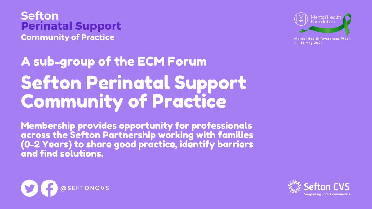 #MHAW22 | Sefton Perinatal Community of Practice 

The group (Sub-group of ECM Forum) meet together bi-monthly on zoom. We meeting to share information, establish partnership working and share good practice.

Get involved: bit.ly/3yuOwwb

#SeftonInMind #MySefton
