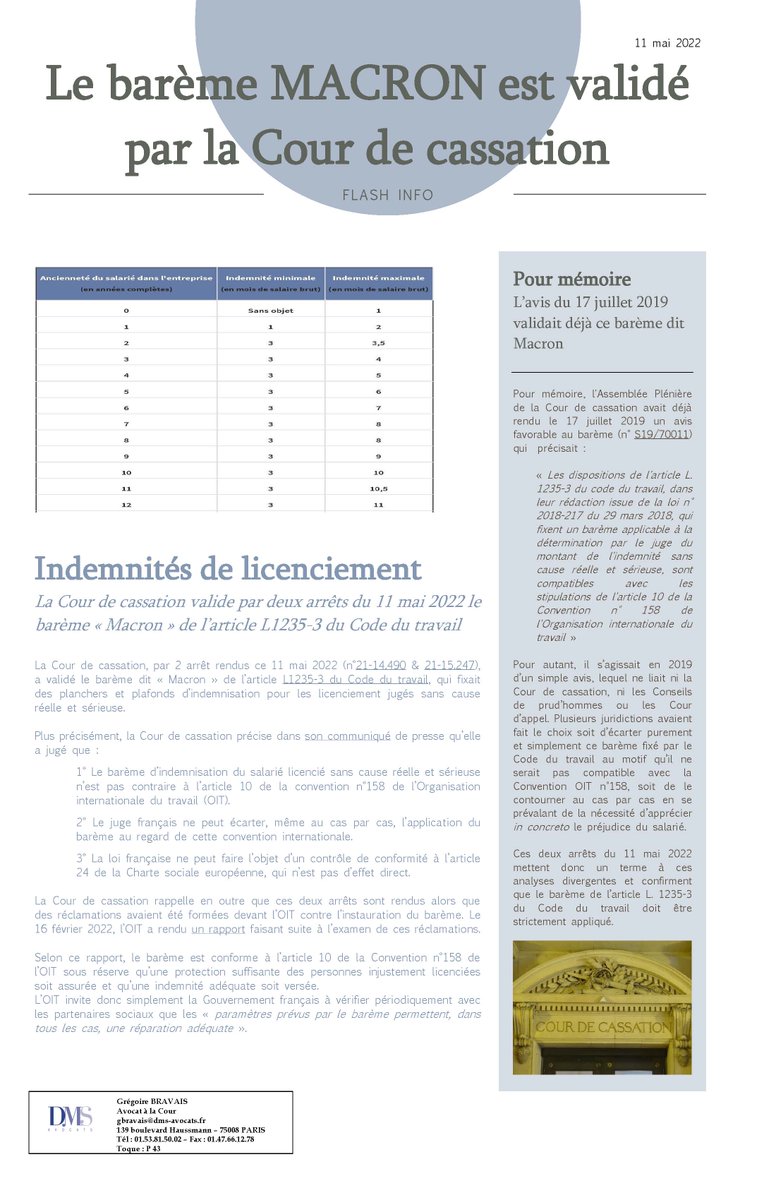 GregoireBRAVAIS's tweet photo. La #Courdecassation, par 2 arrêt du 11 mai 2022 (n°21-14.490 &amp; 21-15.247), a validé le #BaremeMacron qui fixe des planchers et plafonds d’indemnisation pour les licenciement jugés sans cause réelle et sérieuse. https://t.co/5alNTQxaNg https://t.co/9voWVWPZg6