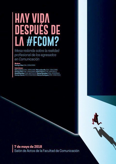 marramirez's tweet photo. "¿Hay vida después de la #FCom?": volvemos con esta actividad que trae de nuevo a casa a egresad@s de las tres titulaciones para hablar de su experiencia laboral tras su paso por @Gabifcom. 

Actividad que nos deja, por cierto, algunos de los mejores carteles de estos años… https://t.co/HmfcH4WN3V