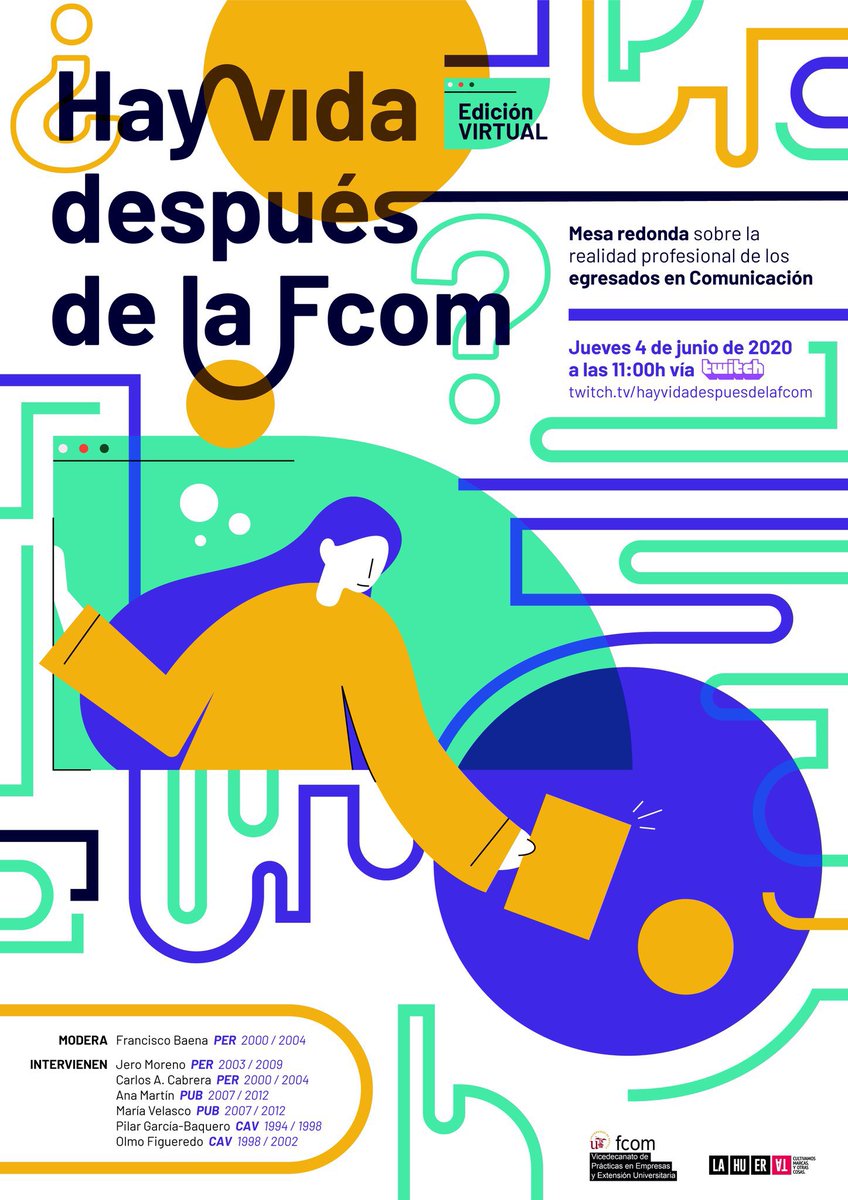 marramirez's tweet photo. "¿Hay vida después de la #FCom?": volvemos con esta actividad que trae de nuevo a casa a egresad@s de las tres titulaciones para hablar de su experiencia laboral tras su paso por @Gabifcom. 

Actividad que nos deja, por cierto, algunos de los mejores carteles de estos años… https://t.co/HmfcH4WN3V