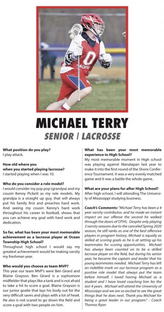 ot_lax's tweet photo. Congratulations to Sr. Michael Terry for being named the male Outstanding Athlete in the May edition of the Today Paper. Well deserved honor for Michael who has had a great career as a Spartan!

@Michael72654562
@TMLT_Foundation https://t.co/FzKv8dfzHa