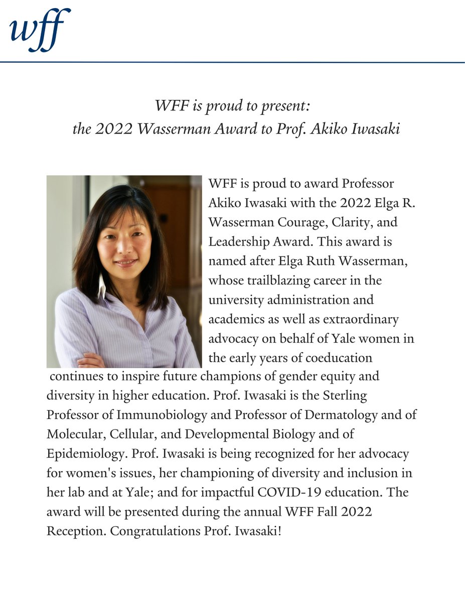 wff_yale (@wff_yale) on Twitter photo WFF is thrilled to present the 2022 Elga R. Wasserman Courage, Clarity, and Leadership Award to Prof. Akiko Iwasaki (<a href="/VirusesImmunity/">Prof. Akiko Iwasaki</a>)! Congratulations! WFF is thrilled to present the 2022 Elga R. Wasserman Courage, Clarity, and Leadership Award to Prof. Akiko Iwasaki (<a href="/VirusesImmunity/">Prof. Akiko Iwasaki</a>)! Congratulations!