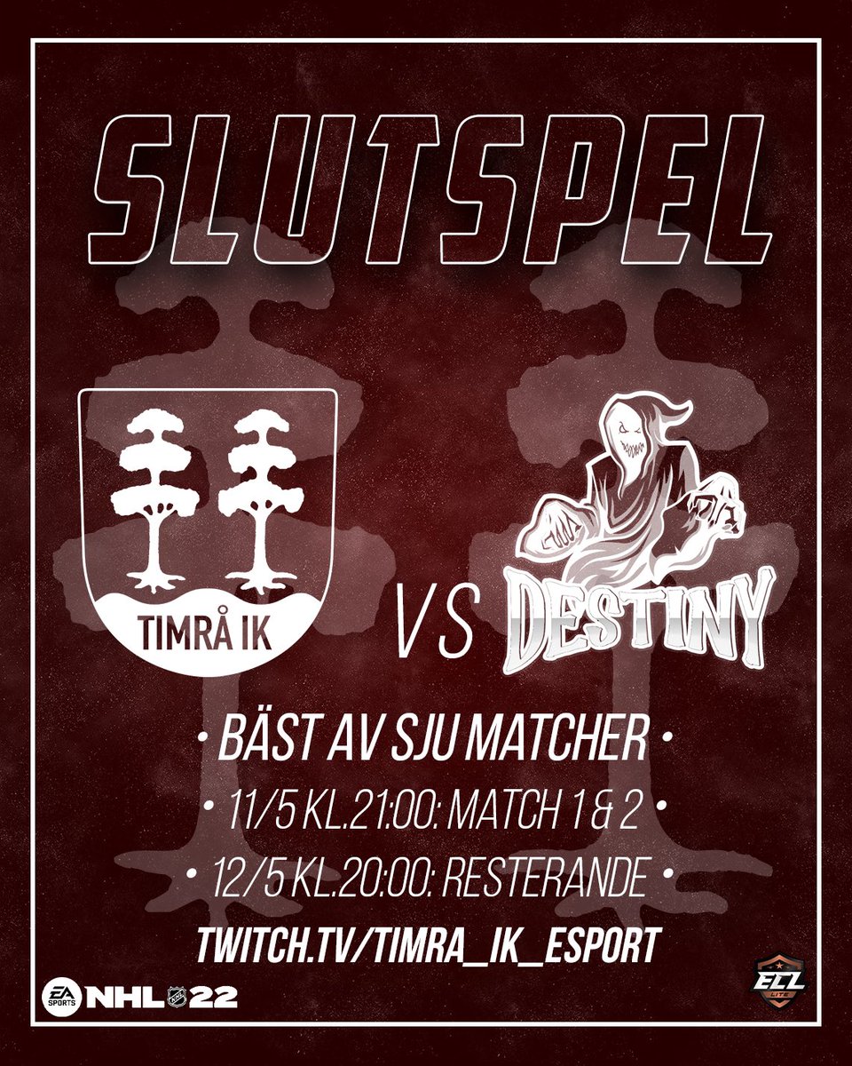 Det nalkas slutspel i ECL, där vi möter Destiny i första matchserien som spelas bäst av sju matcher. 

Ikväll kl.21:00 startar slutspelet med match 1 och 2. Imorgon kl.20:00 spelas resterande matcher. Matcherna ser såklart på twitch! #timraik #timraikesport