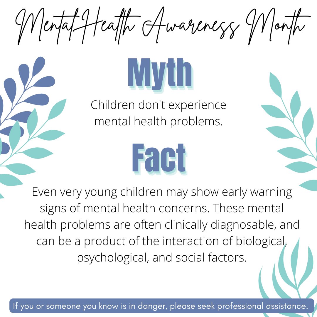 Half of all mental health disorders show 1st signs before a person turns 14yrs &amp; 3/4  begin before age 24. Unfortunately, only 1/2 of children &amp; adolescents with diagnosable mental health problems receive treatment they need.

#MHAM #MentalHealthAwareness #Myth #Facts #Educate