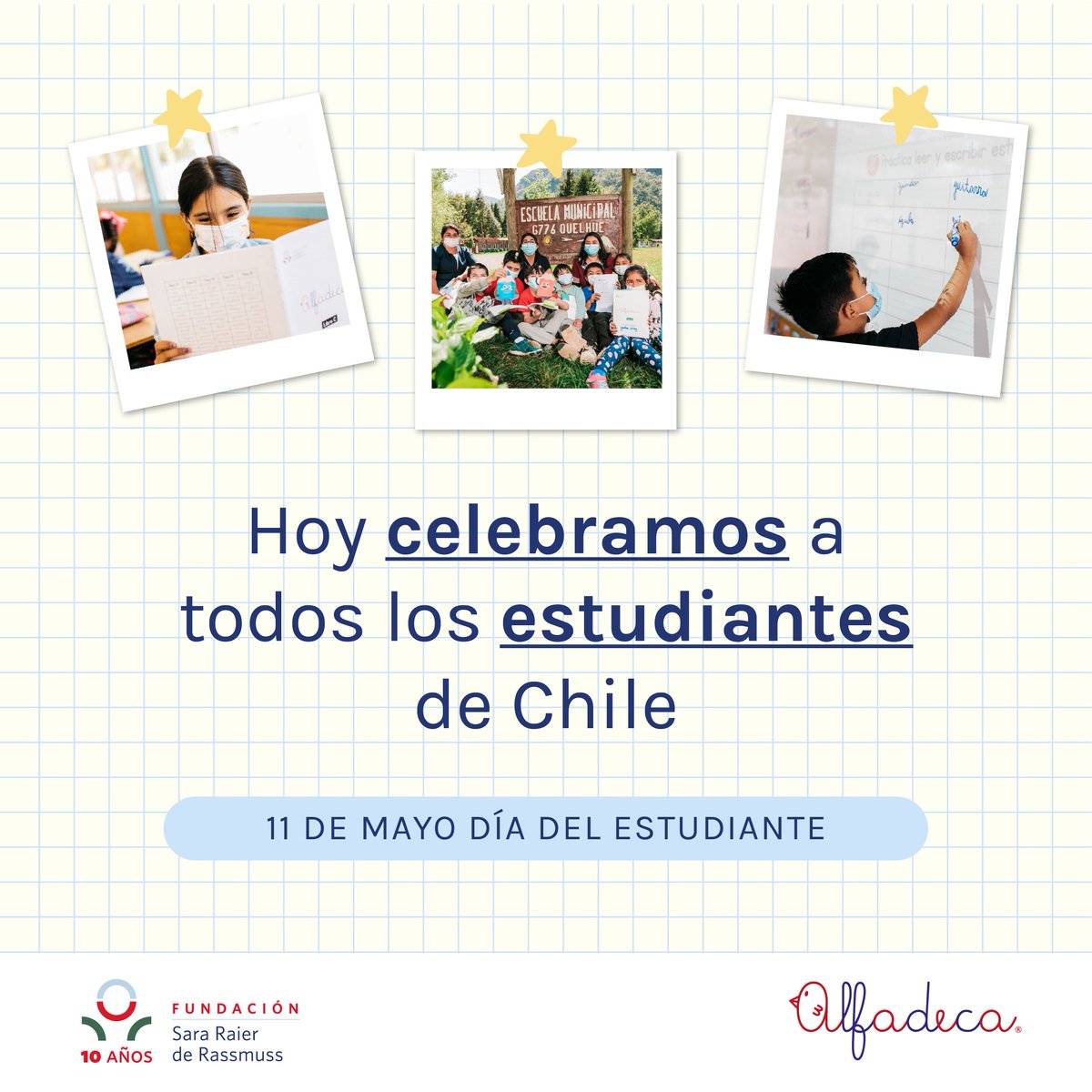¡Feliz día del estudiante! 👧🏻👦🏻Desde <a href="/FSRRchile/">Fundación Sara Raier de Rassmuss</a>  saludamos a tod@s los estudiantes de Chile. Celebramos sus logros, valoramos su esfuerzo y continuaremos acompañándolos en el hermoso viaje de aprender a leer y escribir ✏️📒📕.
#DíaDelEstudiante #Educación