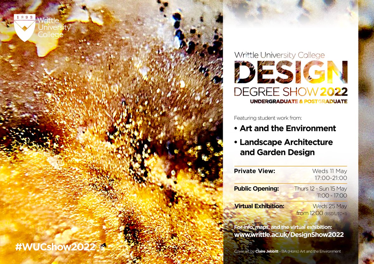 WUC #Design #DegreeShow 2022 Private View from 5pm today!

The #exhibition features yr2 &amp; yr3 undergrad #Art and the #Environment, and both undergrad &amp; postgrad #LandscapeArchitecture &amp; #GardenDesign.

Public Opening 12th-15th May, 11am-5pm.

writtle.ac.uk/DesignShow2022

#WUCshow2022
