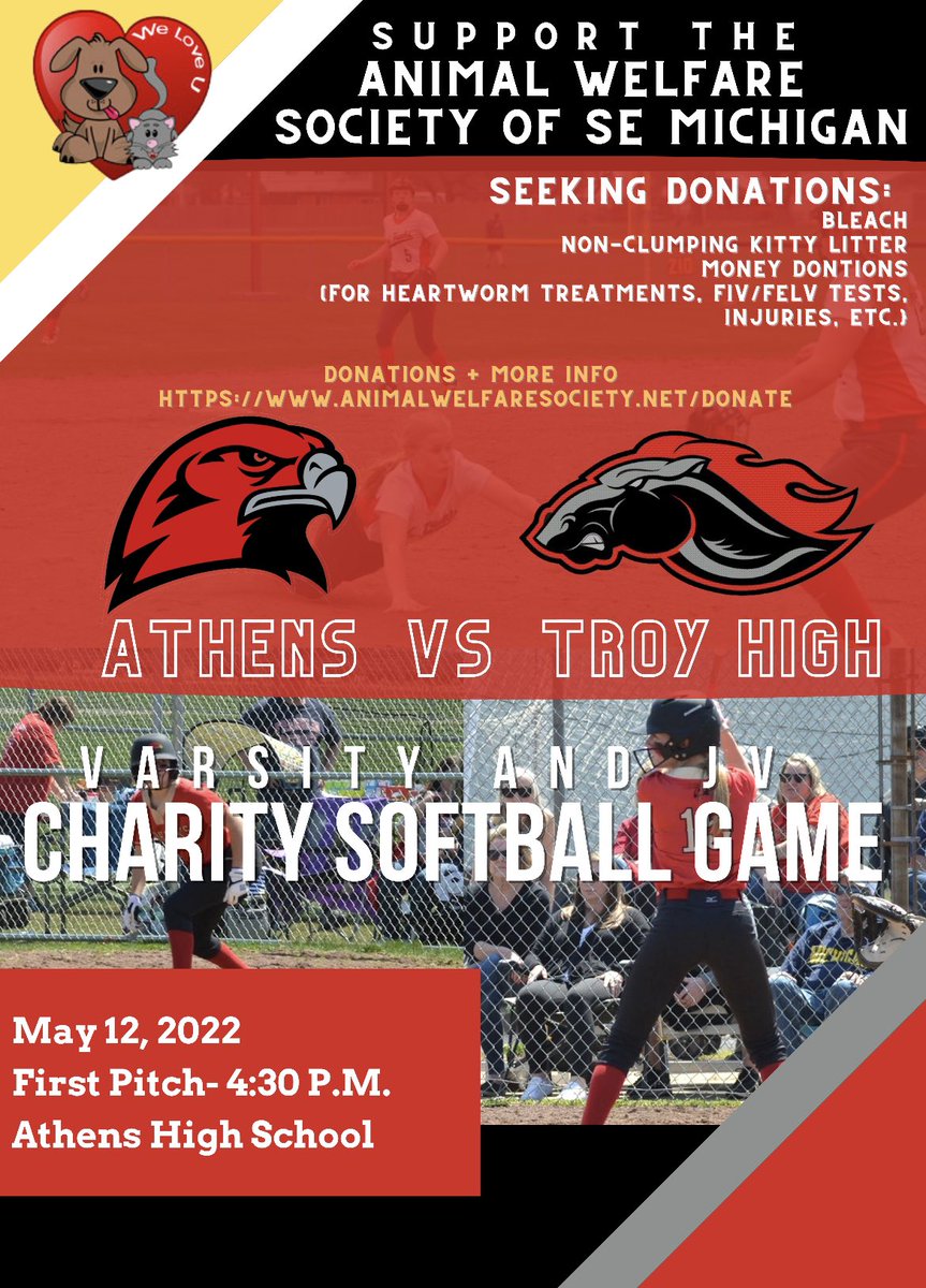 softball_athens's tweet photo. 🐾 TOMORROW IS THE BIG DAY!! 🐾 

Cheer on your RedHawks as they take on Troy for our annual Charity Game!

This year we are supporting the Animal Welfare Society of SE MI. 

We are accepting donations at the field: Cash, bleach &amp; non-clumping kitty litter. 

Thank you—GO HAWKS!! https://t.co/VkPgnxuMN1