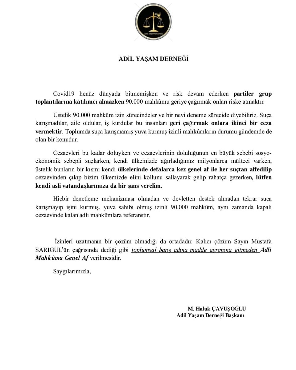 #AdilYaşamDerneği olarak çıkmış olduğumuz bu adalet yolunda bizler suç işledik devlet bizi affetsin demiyoruz.
Yargılamalardaki hak ihlalleri sebebi ile 
Oluşan %52.1 sebebi ile ya yeniden yargılama yolu açın yada Affedin dedik
AdilYaşam DerneğiAF
AFFET TÜRKİYEM
#Covid19izinleri