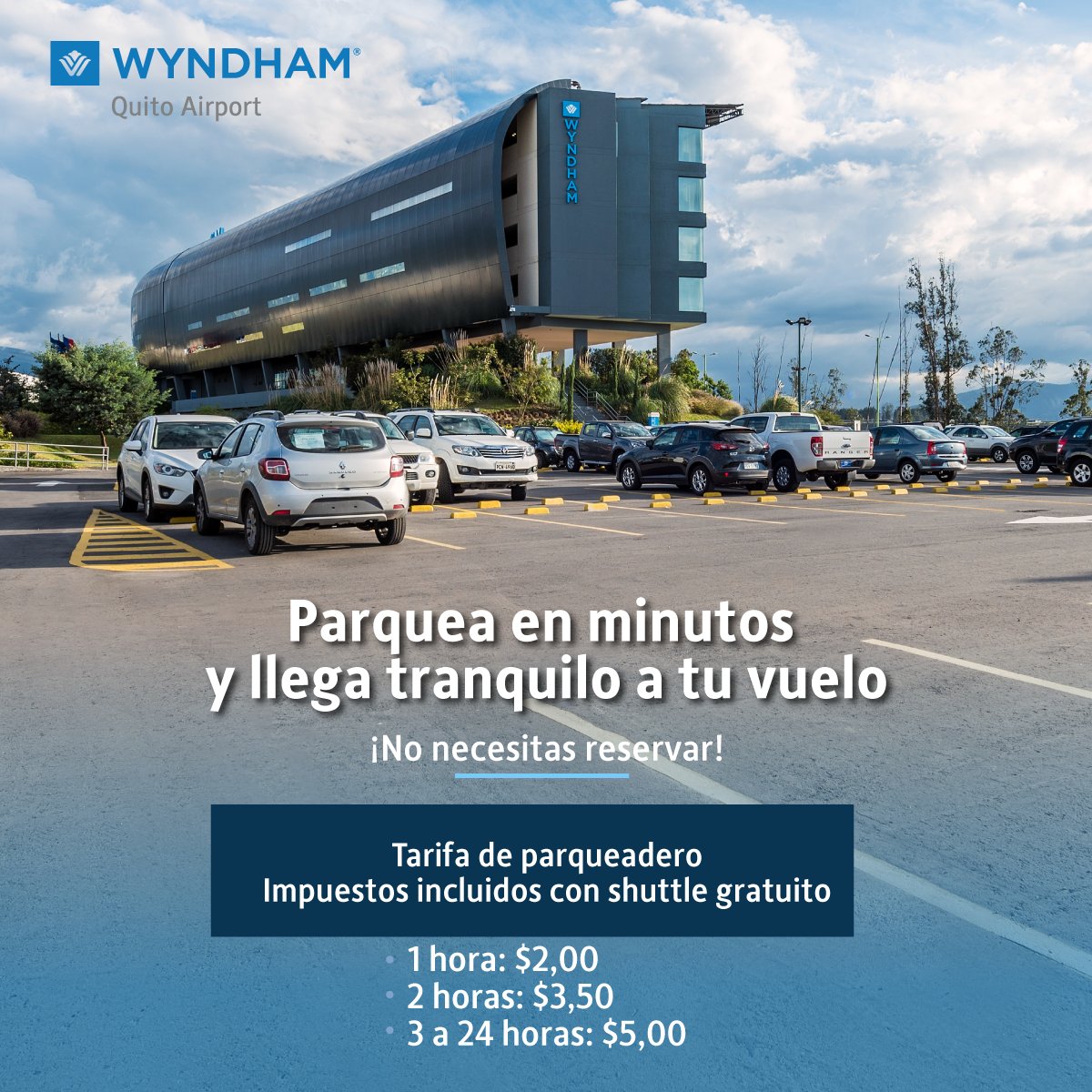 Estaciona🚗 con excelente tarifa y llega a tiempo a tu vuelo✈️. ¡No necesitas reservar!

#wyndhamquito
#quito
#parking