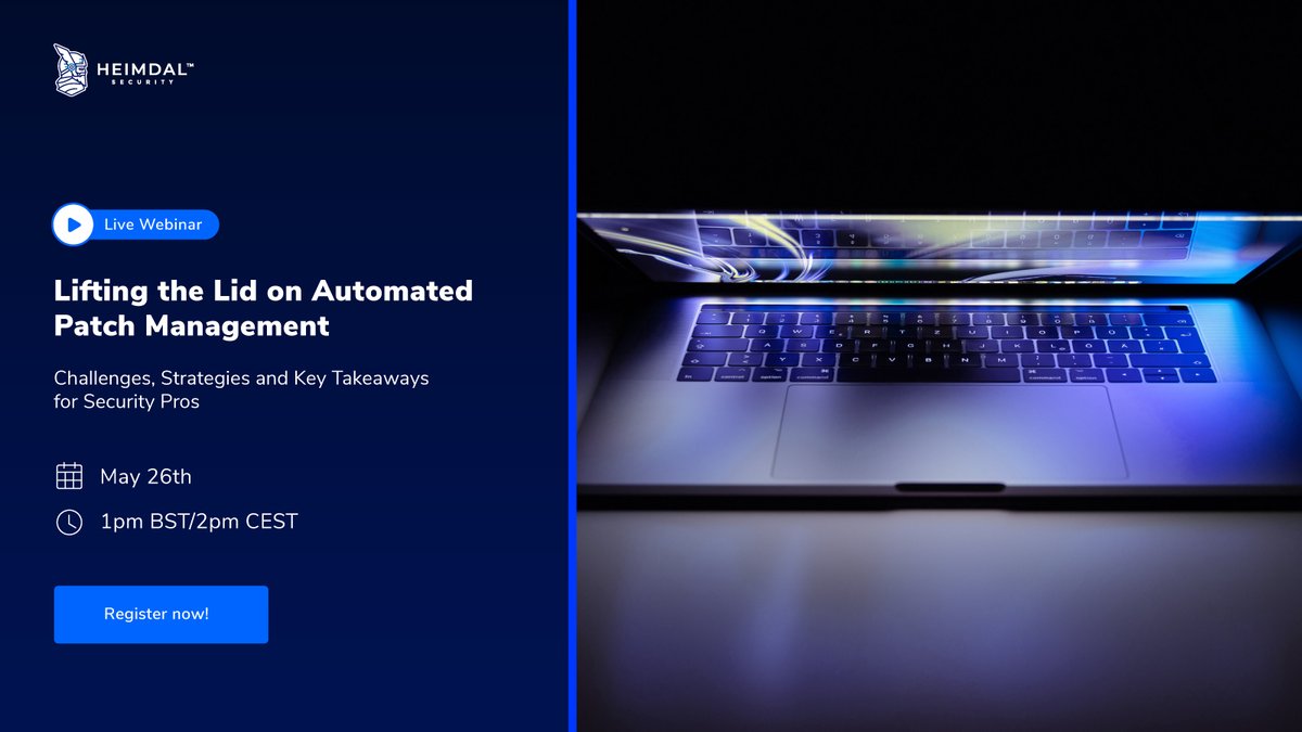 HeimdalSecurity's tweet photo. Join us for our upcoming #webinar on May 26th at 1pm BST/2pm CEST to learn how security teams can streamline and operationalize risk-based vulnerability management. Register here!
https://t.co/yGtlksJAYR
#heimdalsecurity #leadingthefightagainstcybercrime #patchmanagement https://t.co/Qzsy4o9KyK