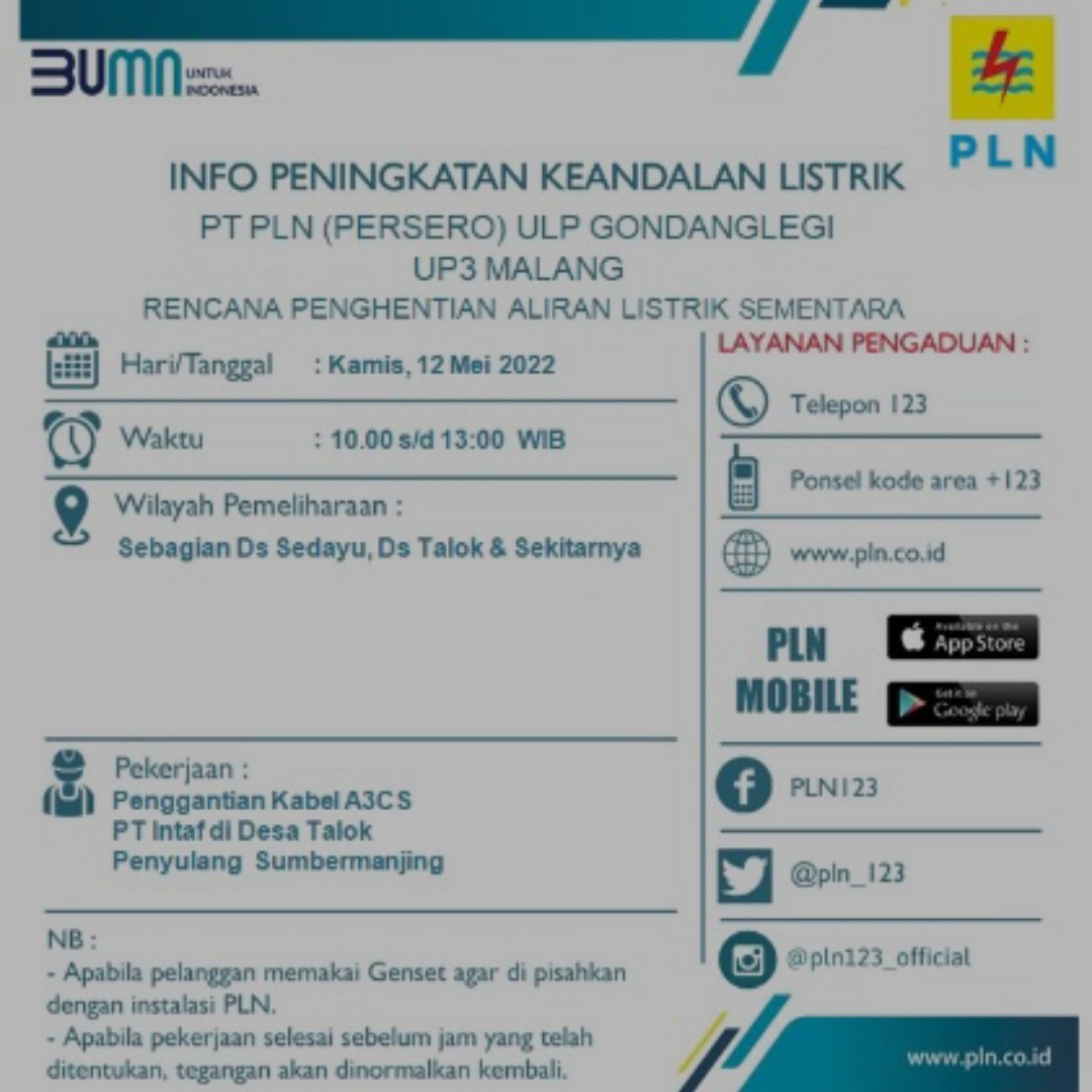 Info peningkatan keandalan listrik Kamis 12 mei 2022 ulp gondanglegi <a href="/infomalang/">Info Malang</a> <a href="/RRIMalang/">RRI Malang I Kanal Informasi dan Inspirasi</a> <a href="/Senaputra_FM/">Senaputraᅠᅠᅠᅠᅠᅠᅠᅠᅠ</a> <a href="/kepanjen_kita/">#WalikotaKepanjen</a> <a href="/cityguide911fm/">City Guide 911 FM</a> <a href="/kabmalanginfo/">KAB MALANG INFO</a> #Malang