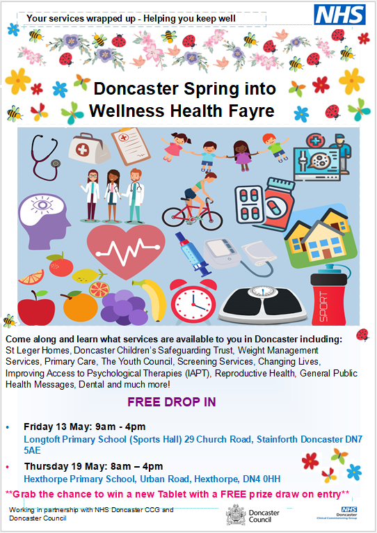 HexthorpePri's tweet photo. 📣Step into wellness this spring and learn what health services are available to you and your family in Doncaster. Visit school on Thursday 19th May for more information. #doncasterisgreat @MyDoncaster @doncasterccg @NHSuk @astreaacademies #community #comunityevent #wellness https://t.co/ctxxAyjYWz