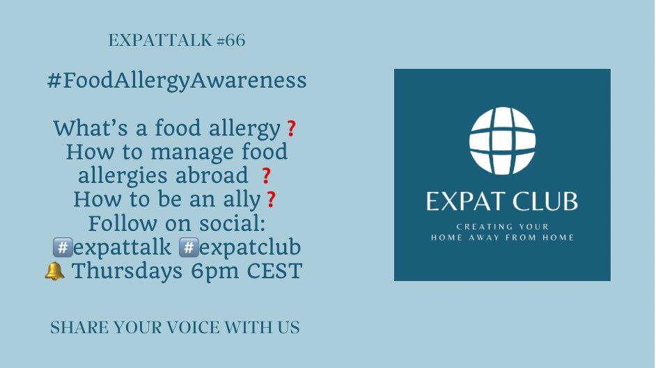 v_konsult's tweet photo. I'm discussing “🌐 EXPAT TALK #66 - 🏡 #FoodAllergyAwareness Away From Home 🏡” via the EXPAT CLUB.
What’s a food allergy❓
How to manage it abroad❓
How to be an ally❓
Tomorrow, 12. May at 6:00 PM CEST in @clubhouse. Join us! https://t.co/ZGixu2oByP
#ExpatTalk #ExpatClub https://t.co/u0anW3rIjD