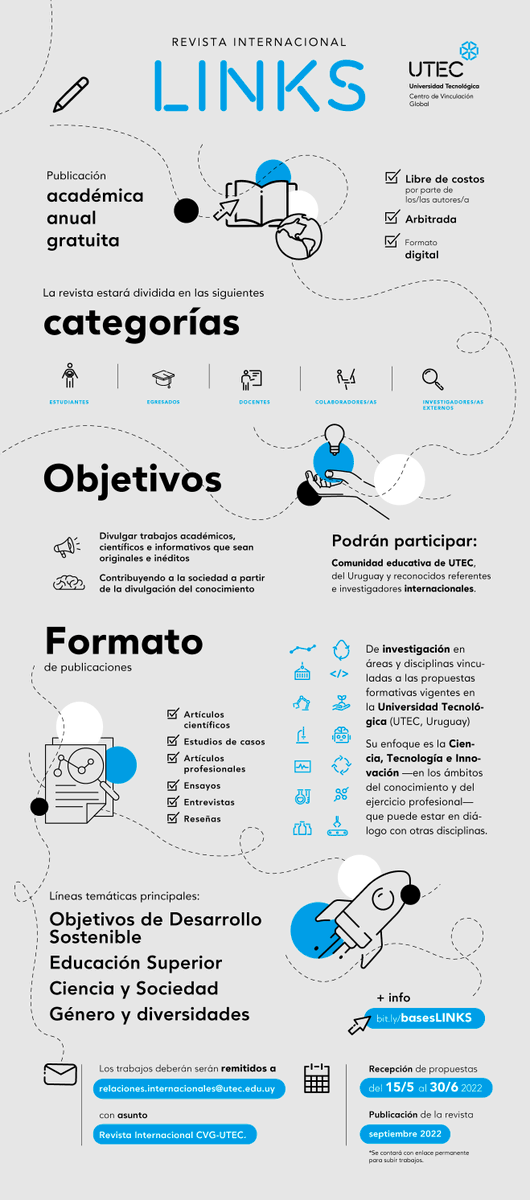 UtecGlobal's tweet photo. 📣CONVOCATORIA DE ARTÍCULOS✍️🔛

¿Te gustaría compartir tu trabajo con la comunidad educativa? 

@UtecGlobal invita a participar de la primera Convocatoria de Artículos para formar parte de la Revista Internacional de @UTECuy: LINKS

🗓️ 15/05 al 30/06
🔗https://t.co/pH6cMq5E6l https://t.co/HMiX4k6C1N