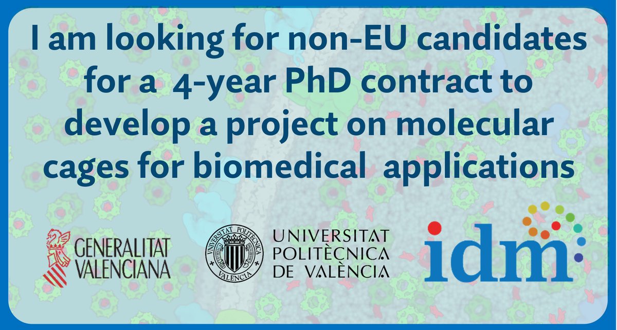 Vicente Martí Centelles👨🏻🔬⚗️🧪 (@vtemarticent) on Twitter photo I am looking for non-EU candidates for a 4-year PhD contract on molecular cages for biomedical applications (starting 1st September 2022) associated with my Santiago Grisolía grant <a href="/GVAinnova/">GVAsitval</a> to work at <a href="/IDM_UPV_UV/">IDM</a> <a href="/UPV/">Universitat Politècnica de València</a>
📧Contact me if you are interested
RTs highly appreciated I am looking for non-EU candidates for a 4-year PhD contract on molecular cages for biomedical applications (starting 1st September 2022) associated with my Santiago Grisolía grant <a href="/GVAinnova/">GVAsitval</a> to work at <a href="/IDM_UPV_UV/">IDM</a> <a href="/UPV/">Universitat Politècnica de València</a>
📧Contact me if you are interested
RTs highly appreciated