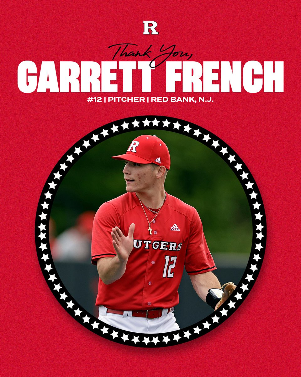 RutgersBaseball's tweet photo. Honoring our seniors: Garrett French

Garrett has been through more than any player, going through 4 surgeries, just to make it back to the mound for us.

He has become one of our most important arms with one of the nastiest changeups around.

THANK YOU, Garrett!

#TCD /// #GoRU https://t.co/liqVgFaqOs