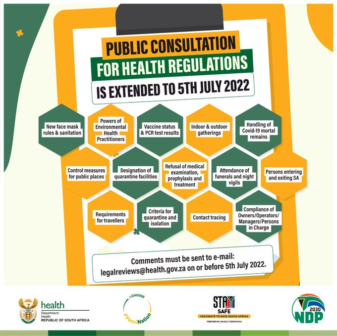 NYDARSA's tweet photo. Never miss a chance to comment on the health regulations! You have until 5 July 2022.
 
Send your submissions and comments to legalreviews@health.gov.za.

#COVID19 https://t.co/5y6Nw5qK4t