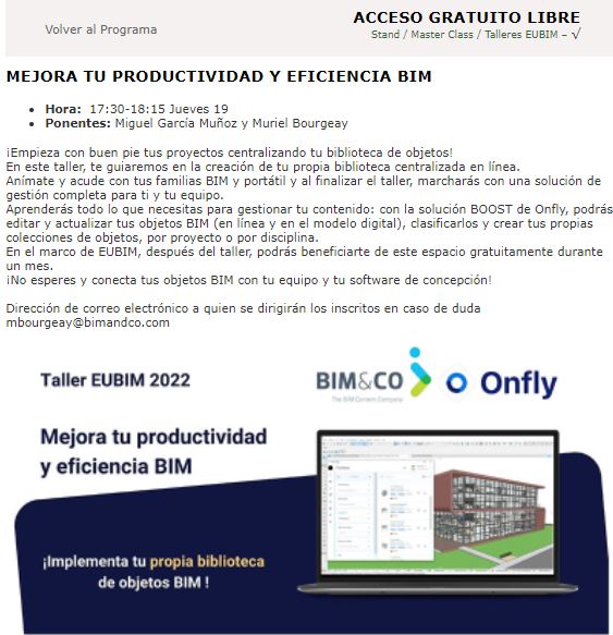 Gran vuelta en <a href="/_eubim/">EUBIM ® Congreso Internacional BIM</a>: este año os proponemos un taller donde os guiaremos en la creación de vuestra  biblioteca en línea y podrás beneficiarte de una solución de gestión de biblioteca para ti y tu empresa gratuita durante un mes. 
+ información aqui: buff.ly/3M9AJiW