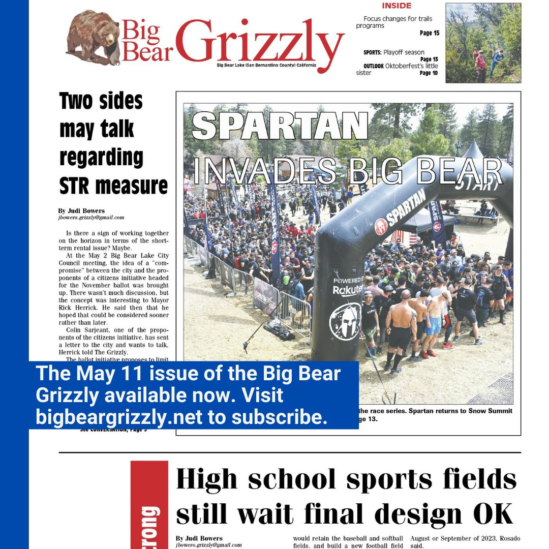 BBGrizzly's tweet photo. The Big Bear Grizzly is on newsstands now. STR conversation, high school fields, resignations, appeals, high school playoffs, spring celebration and more. #mediaofthemountain #bigbearlake #hometownnews https://t.co/JpUxmIvHBF