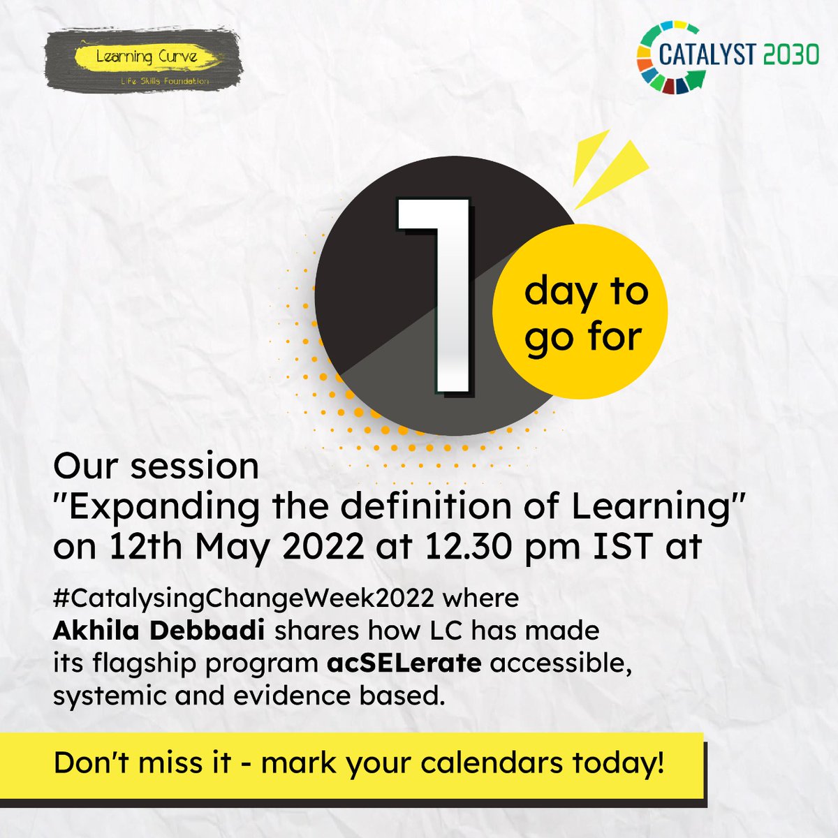 "Expanding the definition of Learning" on 12th May at 12.30 pm IST during the #CatalysingChangeWeek2022 where our Head of Partnerships, Akhila Debbadi will share how we made our acSELerate program accessible to children at home, at school, everywhere, at buff.ly/3M3AdCY