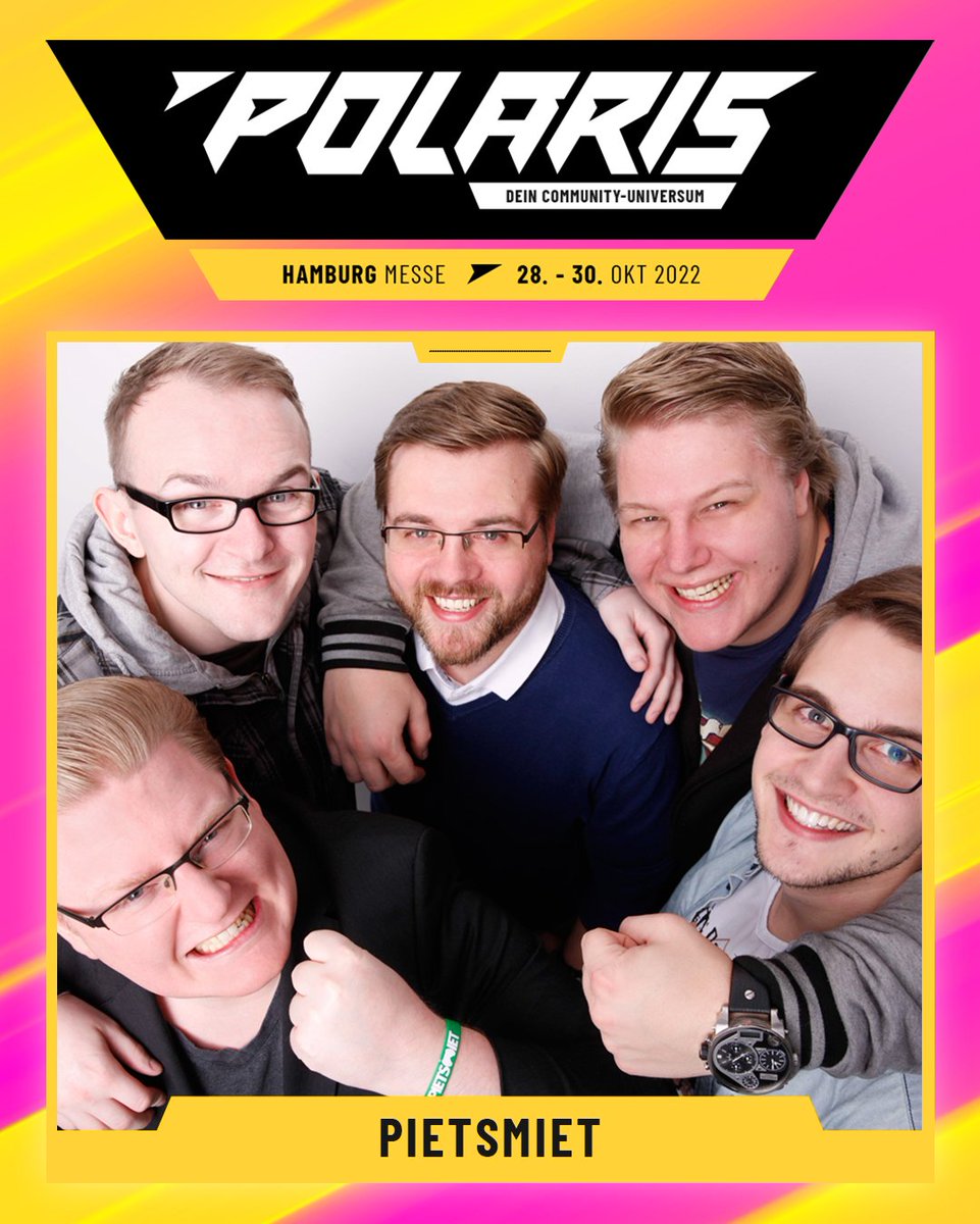 PolarisCon_'s tweet image. Wir freuen uns sehr die ersten Gäste der Polaris ankündigen zu können 🌟

Was wäre eine Community-Convention ohne die Jungs von PietSmiet? 💛 28. - 30. Oktober in Hamburg – wir freuen uns auf euch! Bleibt gespannt 😏

#PolarisConvention #Polaris22 @pietsmietde