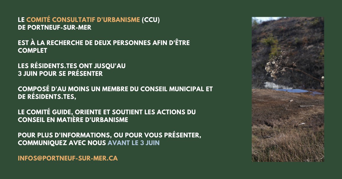 Le comité consultatif d'urbanisme (CCU) est à la recherche de deux personnes afin d'être complet! 🌿

Une superbe opportunité pour s'impliquer dans sa communauté! 

Pour vous présenter ou pour toute question sur le rôle: 
infos@portneuf-sur-mer.ca