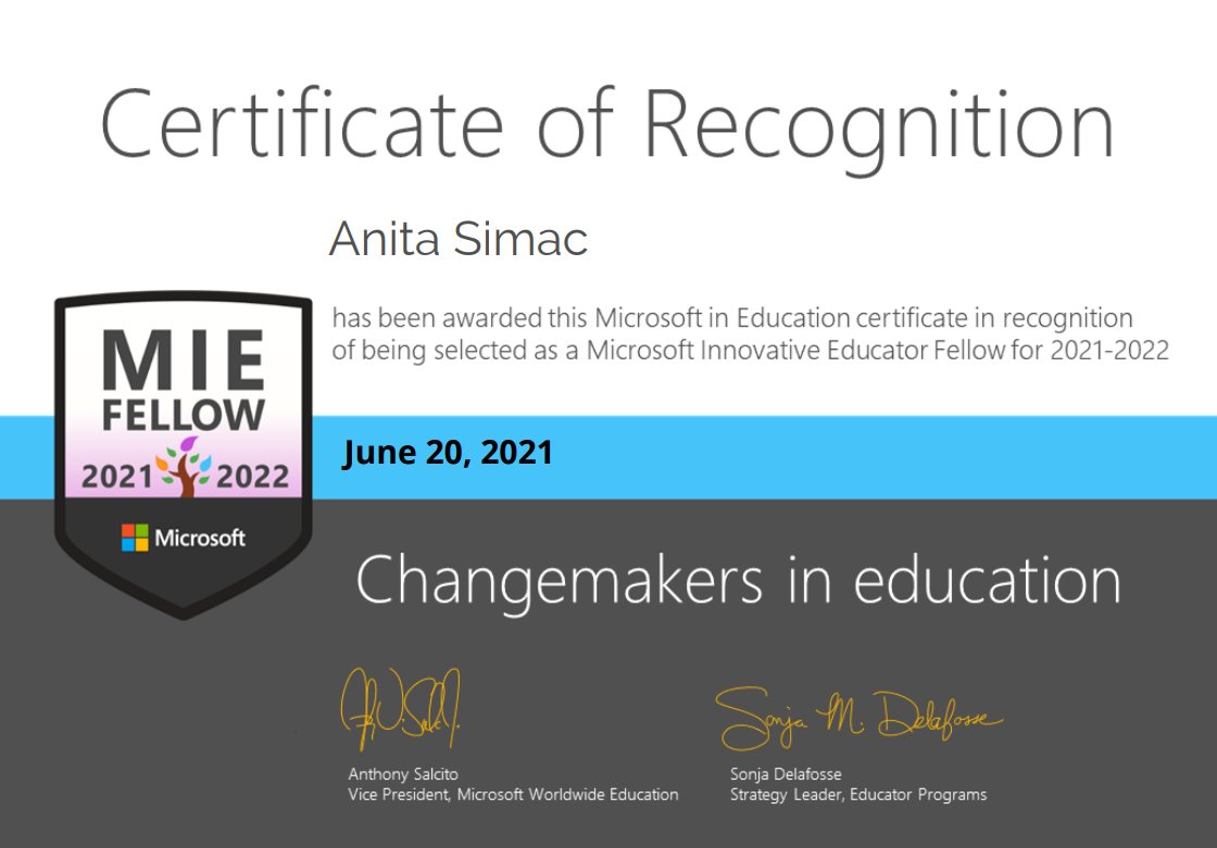 AnitaSimac74's tweet photo. I received this @MicrosoftEDU certificate yesterday, although the date is June 2021 😮 Proud to be a #MicrosoftFellow but the school year is almost finished now! https://t.co/sZCd2E6C4B