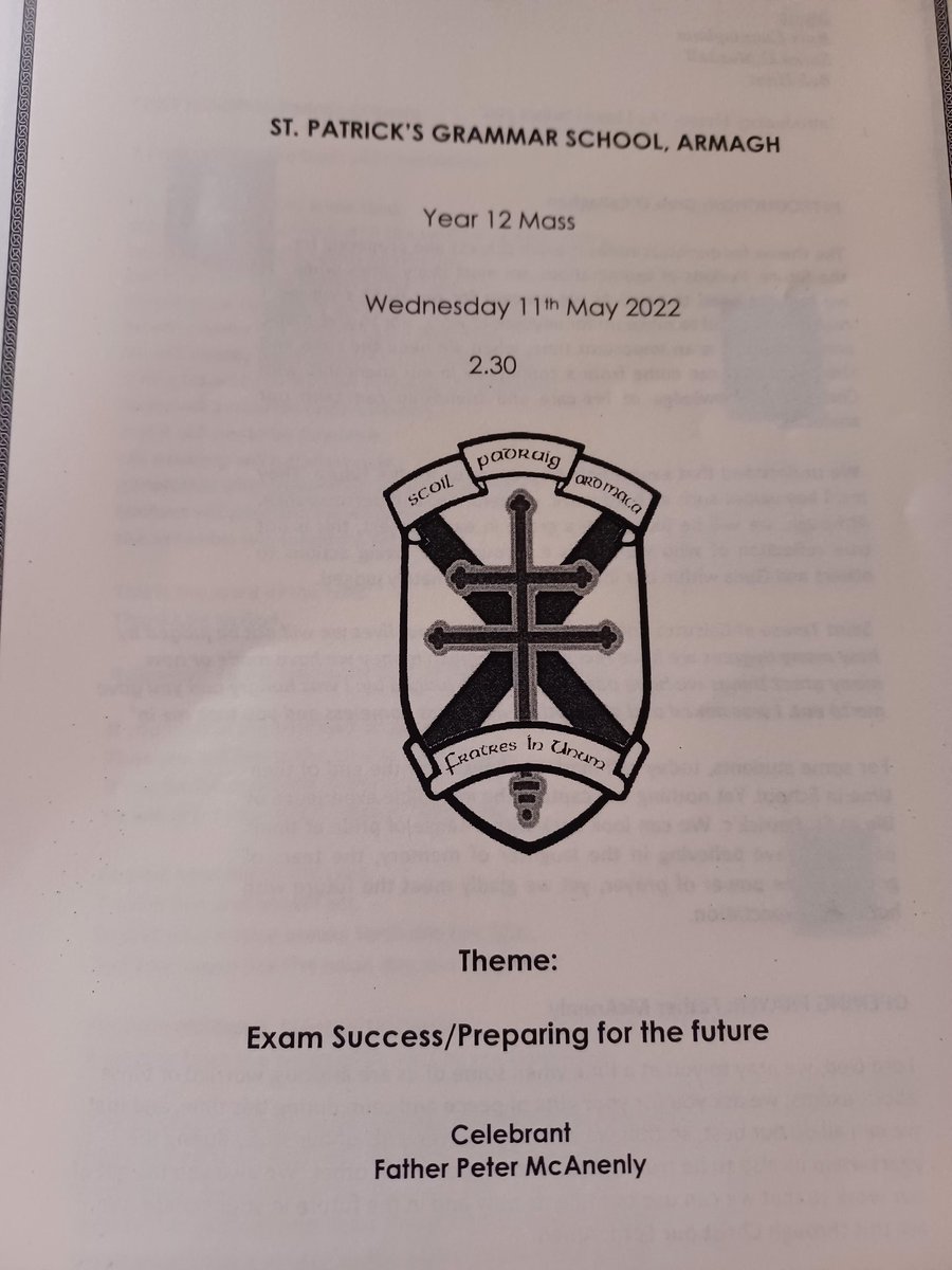 Best wishes to Year 12 Pupils in St Patrick's Grammar School as they go off on study leave, to prepare for their GCSE Examinations.