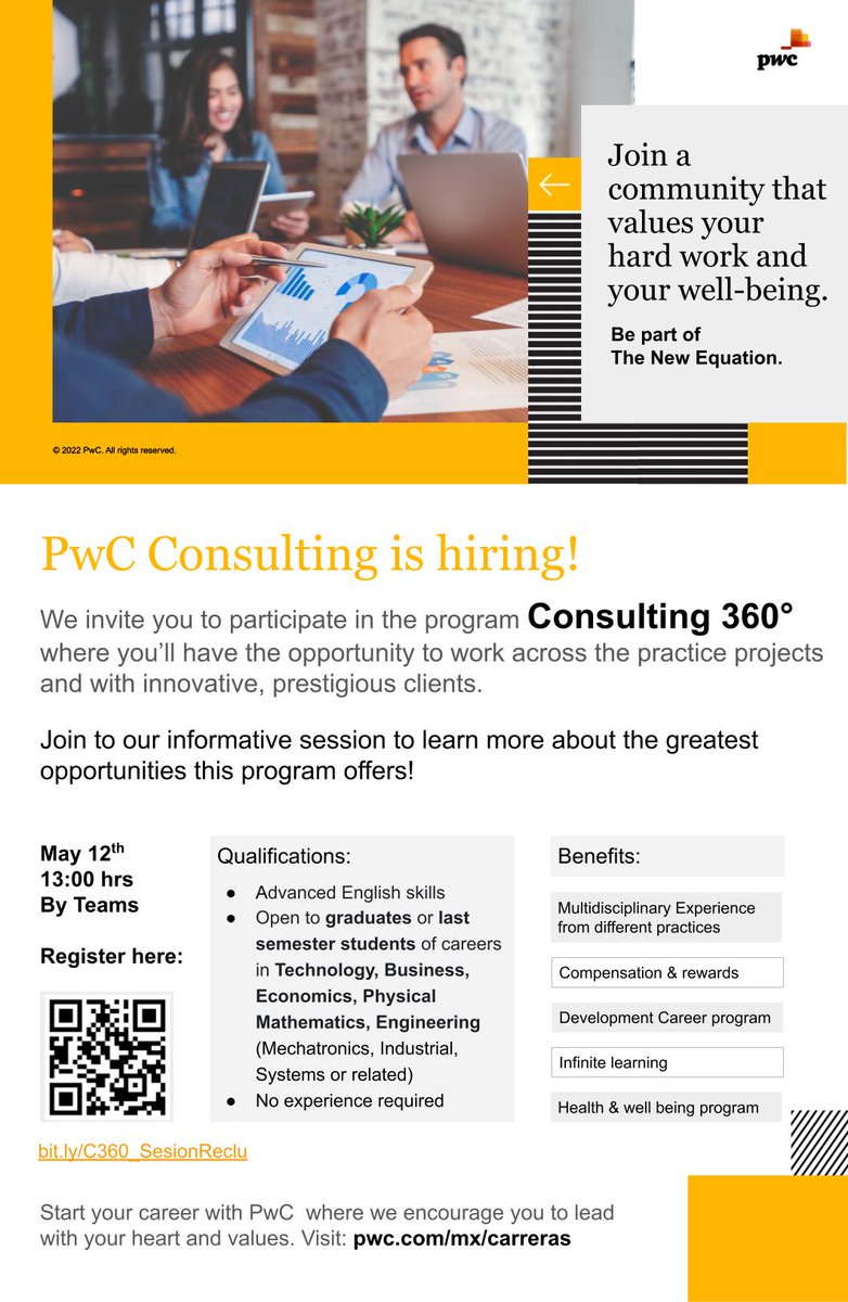 Consulting 360° es un programa para estudiantes de último semestre y recién egresados que están interesados en Consultoría
Mañana 12 de Mayo 13:00h  <a href="/PwC_Mexico/">PwC México</a> 
Link: bit.ly/C360_SesionRec…

<a href="/IberoCopsa/">CopsaIbero</a> <a href="/CopsaIbero/">CoPSA Ibero</a> <a href="/IberoEgresados/">Orgullo Ibero</a> <a href="/IberoVincula/">Dirección General de Vinculación (DGVU) Ibero CDMX</a> <a href="/IBERO_mx/">IBERO CDMX</a>