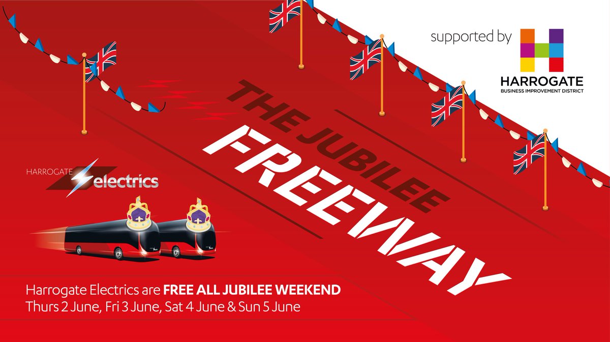 ⚡️ Ride the #JubileeFreeway - all buses on #HarrogateElectrics 2A/2B, 3 &amp; 6 will be FREE right through the Jubilee Weekend from Thu 2nd until Sun 5th June! 

🎉 Get to all the big celebrations in town, and back, with us - for FREE! 

🙌 Supported by <a href="/BidHarrogate/">Harrogate BID</a> 

🇬🇧👑🇬🇧👑🇬🇧👑🇬🇧