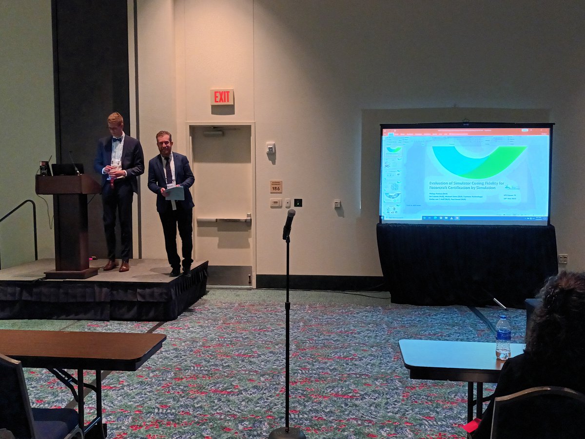 rocs_project's tweet photo. The presentation of Philipp Podzus @DLR_en at the @VTOLsociety Forum. The focus is on the evaluation of simulator cueing fidelity for rotorcraft certification by simulation. The #Forum78 hosts 220 technical speakers, 60 invited speakers and 80 exhibitors.
#RoCSproject๐#research https://t.co/NyBqf2kYzw