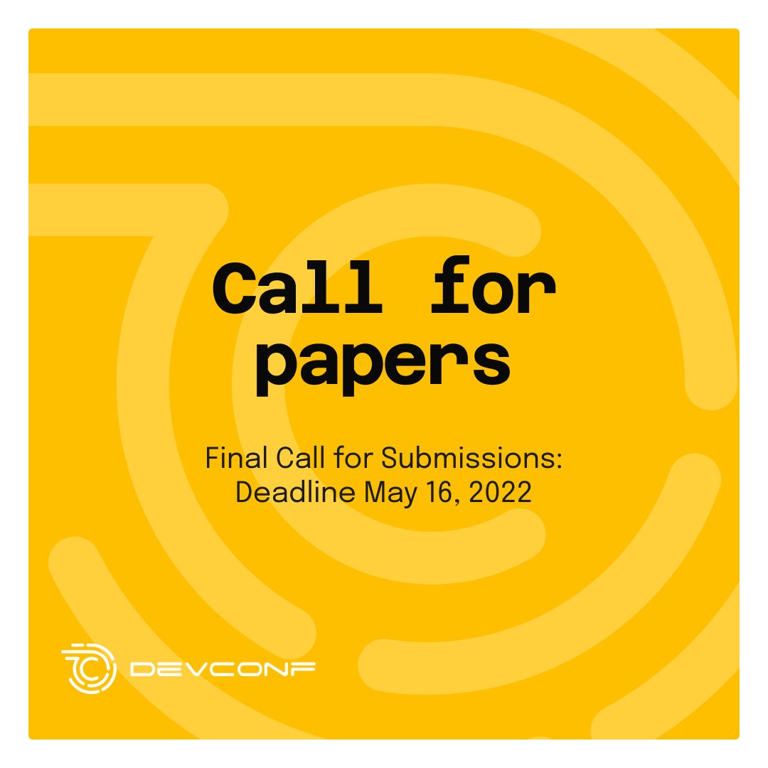 Remember that the call for papers ends on May 16th 2022 📢 
We’re looking for speakers who’d like to present “war stories”, their successful or unsuccessful projects and lessons learned 🤓
You can find all details, conditions and profits under link
👉 sessionize.com/devconfpl-2022/ 👈
