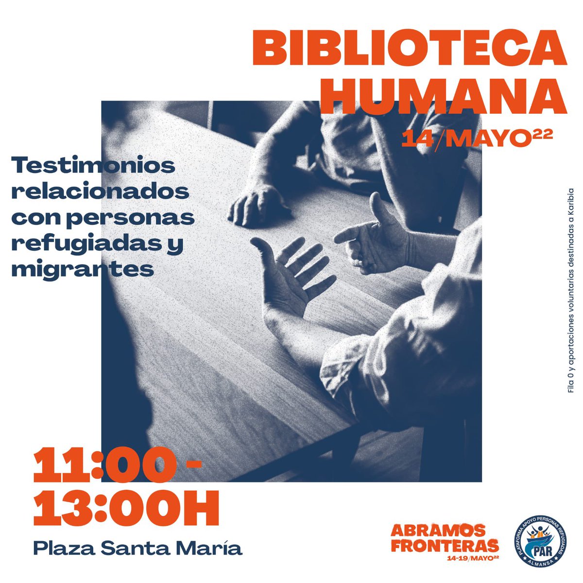 📢 5º Jornadas PAR 📢 

Vuelve la biblioteca humana!
En turnos de 20 minutos, podrás sentarte a charlar con una persona que te contará su experiencia en diferentes realidades relacionadas con las personas refugiadas: Tanzania, Sahara, Ucrania, Grecia o Nicaragua.
