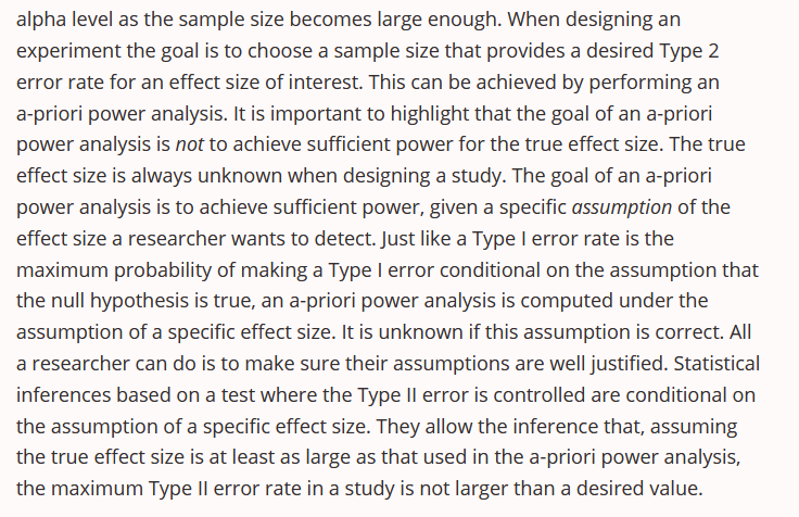 I often see criticism on a-priori power analysis. The main criticism is we never know the true effect size. But this criticism misunderstands the goal of power analysis - you power for an effect of interest, not for the true effect! lakens.github.io/statistical_in…