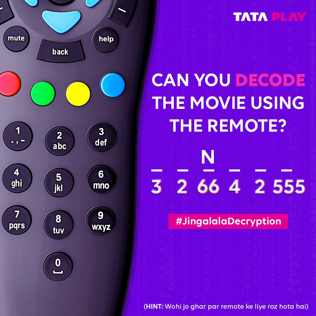 TataPlayin's tweet photo. Were you able to decode this blockbuster? #JingalalaDecryption
#TataPlay #MoreEntertainment #MoreForAll #TataPlayFun #EntertainmentAurBhiJingalala #AaoPlayKare #TataPlayRemote https://t.co/draaLEJNME