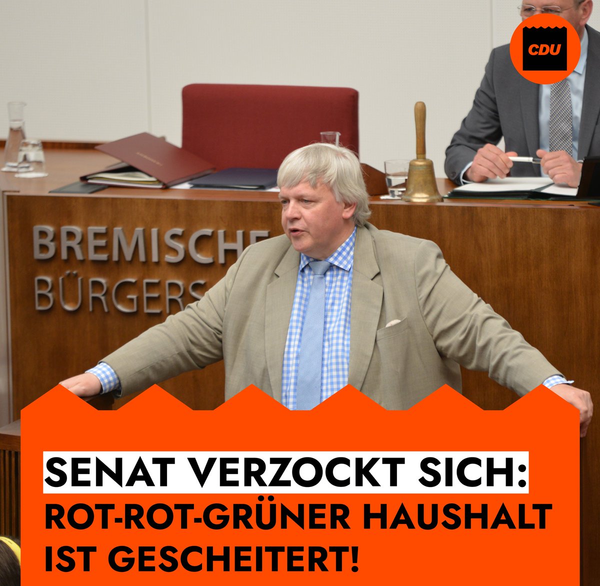 CDUFraktionHB's tweet photo. Der #Senat in #Bremen hat sich verzockt, der rot-rot-grüne #Haushalt ist gescheitert! Es fehlen 100 Mio Euro!  @jenseckhoff: "Dringende #Zukunftsprojekte sind gefährdet. Es geht nur um kurzfristigen Konsum, statt um langfristige, nachhaltige Vorhaben." @HBBuergerschaft #hbbue https://t.co/2w79a6i1st