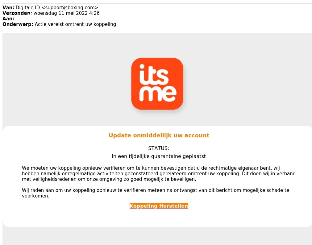 safeonweb_be's tweet photo. ⚠️⚠️⚠️ Er doen nieuwe valse e-mails de ronde met als onderwerp 'Actie vereist omtrent uw koppeling'. Het bericht lijkt van Itsme te komen maar het is vals. 
❌ Klik niet op de link 'koppeling herstellen' in dit bericht. https://t.co/roWwVphMt6