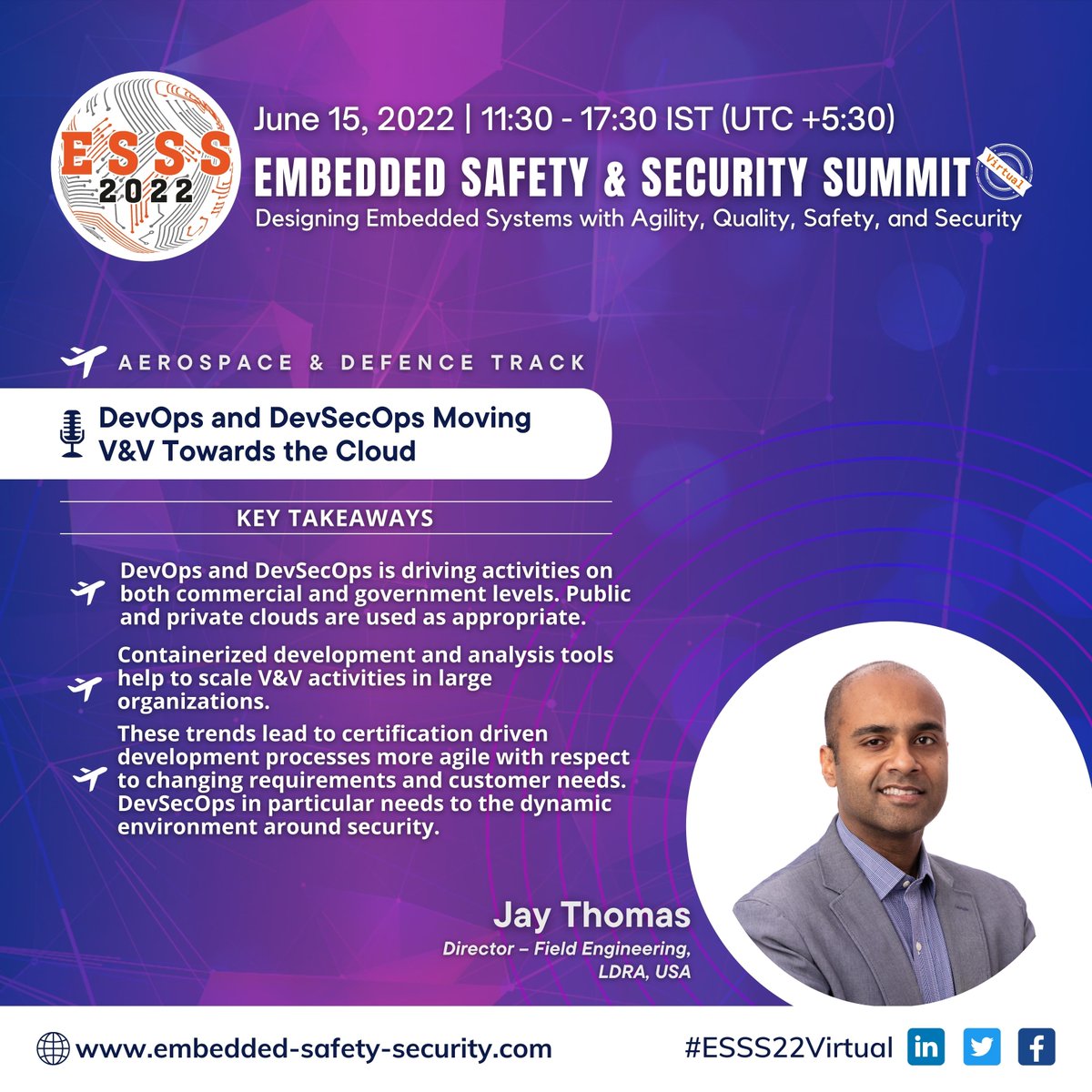 ESSSUMMIT's tweet photo. "#DevOps and #DevSecOps Moving V&amp;V Towards the #Cloud". Join the #Aerospace&amp;Defence track session by Jay Thomas, Director – Field Engineering, LDRA, at #ESSS22Virtual.

Register at: https://t.co/0gZsOrCSfK https://t.co/4vR47ck9iN