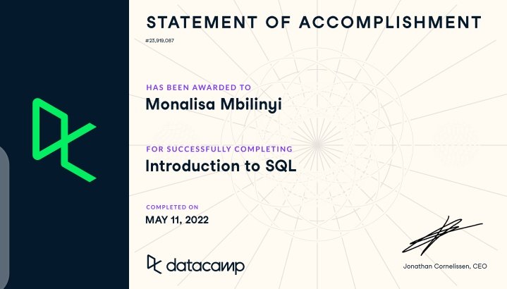 2nyiMonalisa's tweet photo. I just completed introduction to SQL course from @DataCamp .The course covered syntax in SQL used in different databases like #Oracle, #ProstgreSQL and #MySQL. My sincere gratitude to @Ingressive4Good for the #DataScience scholarship and the community I gained. https://t.co/riveTZvQVo