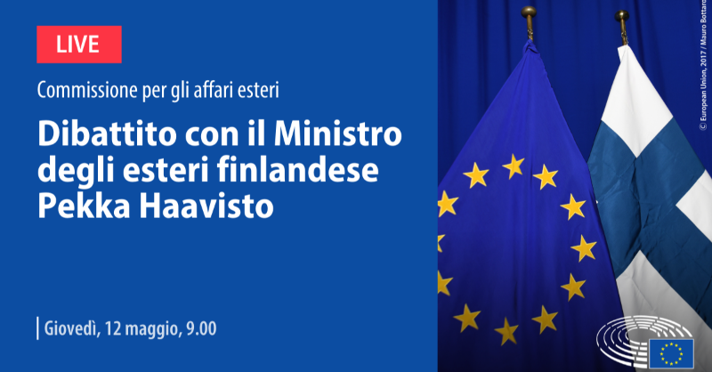 Europarl_IT's tweet photo. 🔜 Giovedì 12.05
⏰ ore 09.00
🇪🇺 Gli europarlamentari della commissione @EP_ForeignAff discuteranno con il Ministro degli esteri finlandese Pekka @Haavisto le sfide alla sicurezza europea alla luce del conflitto in Ucraina 🇺🇦. 

Segui la diretta 👇🏻