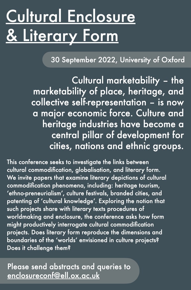 #CfP deadline TODAY for abstract submissions to #culturalenclosure conference at <a href="/engfac/">Faculty of English</a> <a href="/UniofOxford/">University of Oxford</a> with Dr Sharae Deckard <a href="/sharaerua/">Sharae Deckard @sharaerua.bsky.social</a>. Still a few hours to submit so pls write in and share widely! All details at bcla.org/conference-cul…