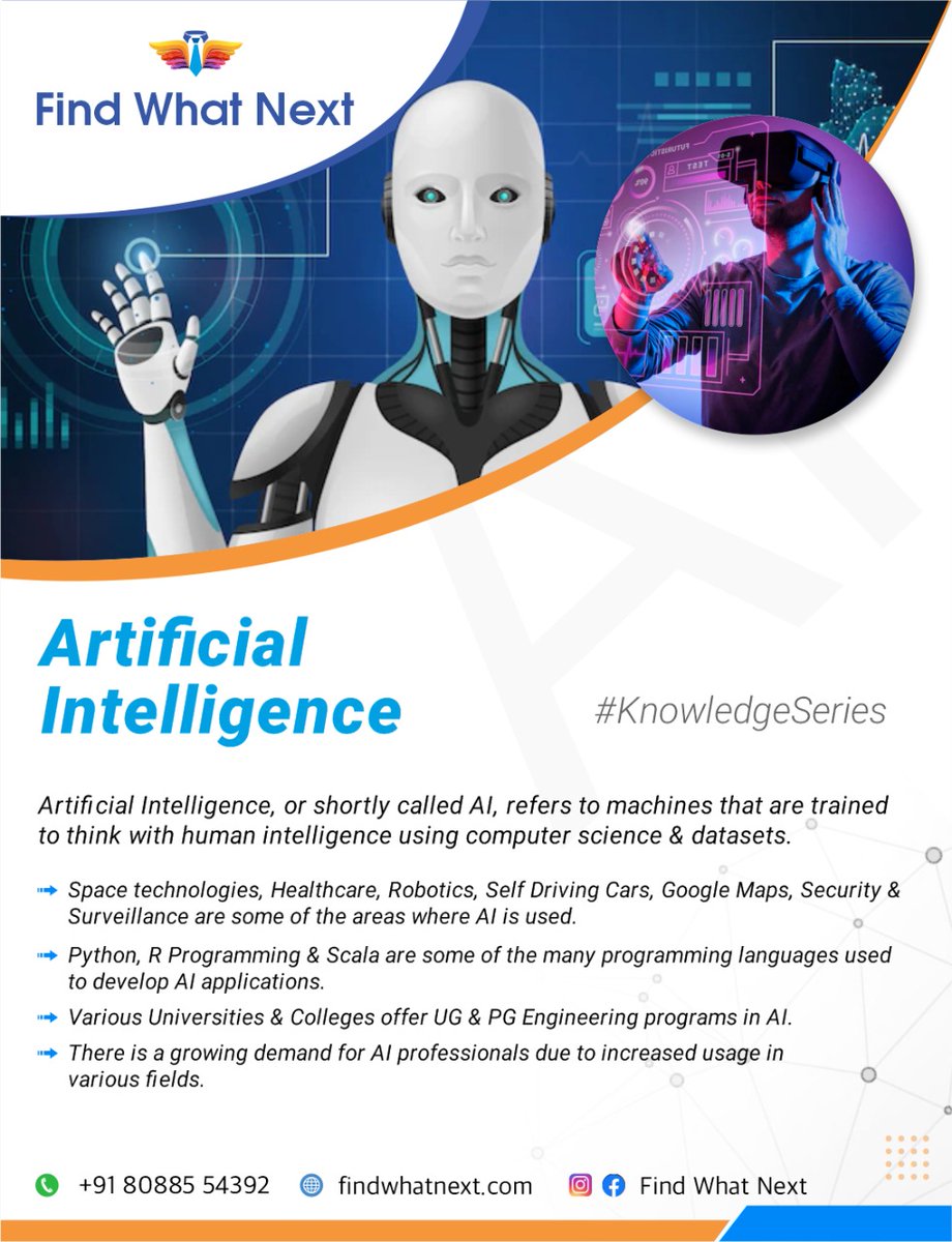 findwhatnext's tweet image. Artificial Intelligence, or shortly called AI, refers to machines that are trained to think with human intelligence using computer science & datasets.
#ArtificialIntelligence #whatisartificialintelligence #AI #robotics