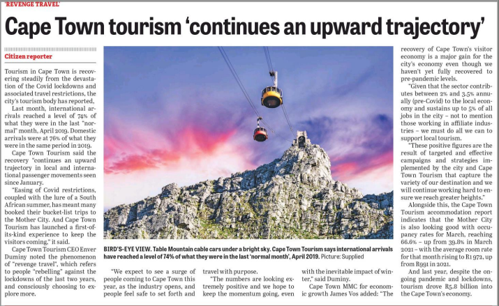 CapeTownTourism's tweet photo. The success of Africa's #TravelIndaba 2022, as well as the latest reported travel recovery rate by CTIA for April (76% for Domestic Arrivals and 74% for International Arrivals) are all indicators that our sector is getting back on track!

#travel #tourism #destinationmarketing https://t.co/aveOEIUQMa