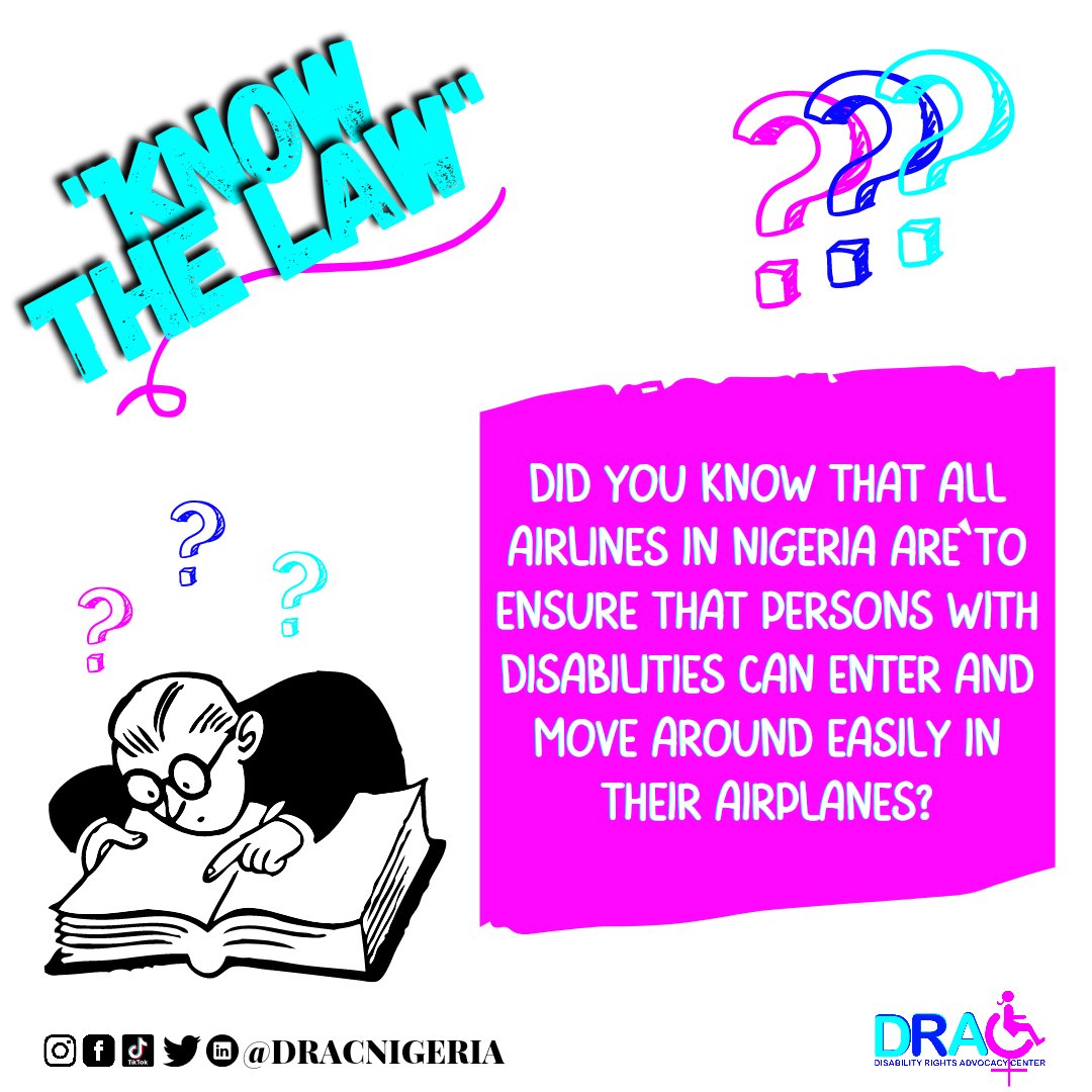 DRACNigeria's tweet photo. Part IV: Seaports, Railways and Airport Transport II
All airlines in Nigeria shall:
1. Make sure that Persons with disabilities can enter and move around easily in the airplane.
2. Make sure there are good working wheelchairs to carry
#disabilityacts #disabilityrights https://t.co/Gniba2IclG
