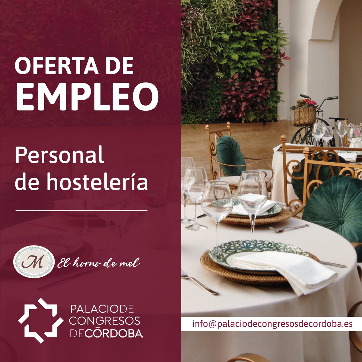 Nuestro #EspacioGastronómico sigue creciendo, ¿𝐪𝐮𝐢𝐞𝐫𝐞𝐬 𝐟𝐨𝐫𝐦𝐚𝐫 𝐩𝐚𝐫𝐭𝐞 𝐝𝐞𝐥 𝐞𝐪𝐮𝐢𝐩𝐨?
Buscamos 𝐩𝐞𝐫𝐬𝐨𝐧𝐚𝐥 𝐝𝐞 𝐬𝐚𝐥𝐚 𝐲 𝐝𝐞 𝐜𝐨𝐜𝐢𝐧𝐚 con experiencia profesional demostrable. Se valorarán idiomas.
➡ info@palaciodecongresosdecordoba.es
#Córdoba
