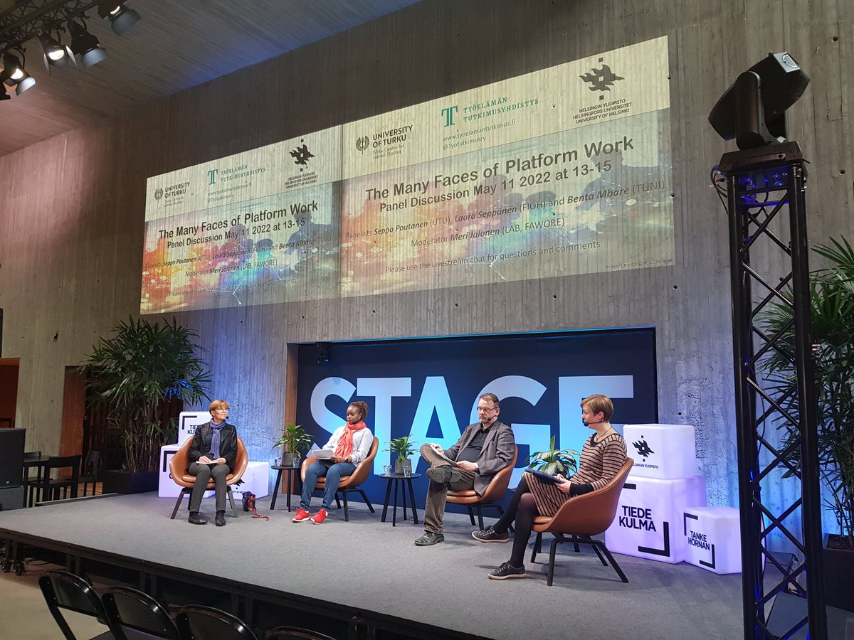 Live now from <a href="/tiedekulma/">Tiedekulma</a>: The Many Faces of Platform Work panel discussion together with @Tyotutkimusry <a href="/PoutanenSeppo/">Seppo Poutanen</a> <a href="/lauraseppanen1/">Laura Seppänen</a> and Benta Mbare. Join via this link: tiedekulmamedia.helsinki.fi/fi/web/tiedeku…
