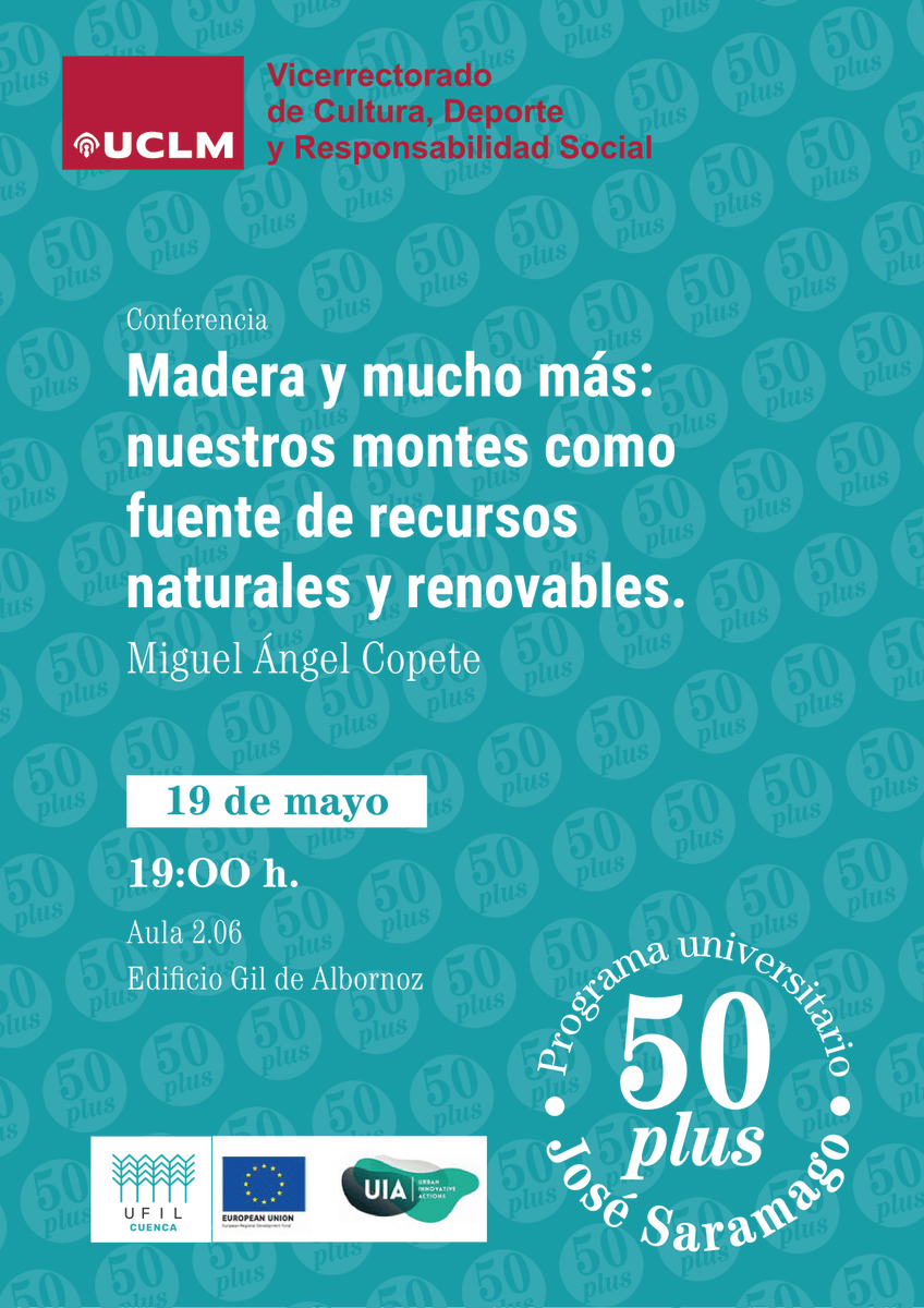 El próximo 19 de mayo tenemos una interesante conferencia sobre la madera de nuestros bosques y cómo estos pueden ser una fuente rica de recursos naturales y renovables.

Será impartida en el edificio Gil de Albornoz a las 19:00 por <a href="/MiguelAngelCopt/">Miguel Ángel Copete Carreño</a>, profesor de la <a href="/uclm_es/">Universidad de Castilla-La Mancha</a> 👇