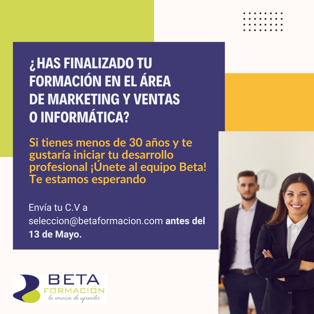 Betaformacion's tweet photo. ¡Aquí #haytrabajo ! 👇

Si te apasionan el Marketing y las ventas o tienes titulación en Informática, esta es tu oportunidad ��

🗓 ¡Date prisa! Aceptamos solicitudes hasta el 13 de mayo 😊

#empleo #torrent #trabajo #marketing #empleotorrent #informatica #hiring https://t.co/HKVnpNQ8sY